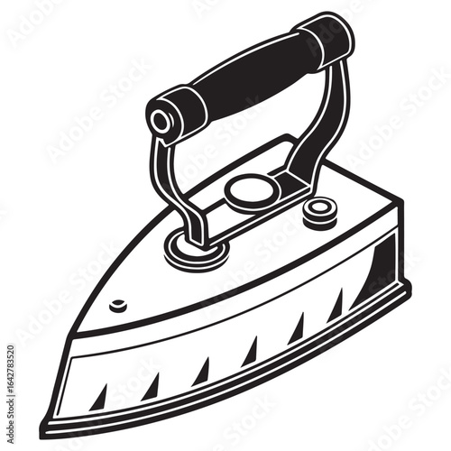 Vintage coal heated iron with a black handle depicted in a clean black and white silhouette style on a white background
