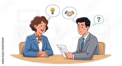 Job Interview Conversation Career Opportunity Discussion with Candidate Thinking About New Ideas and Handshake