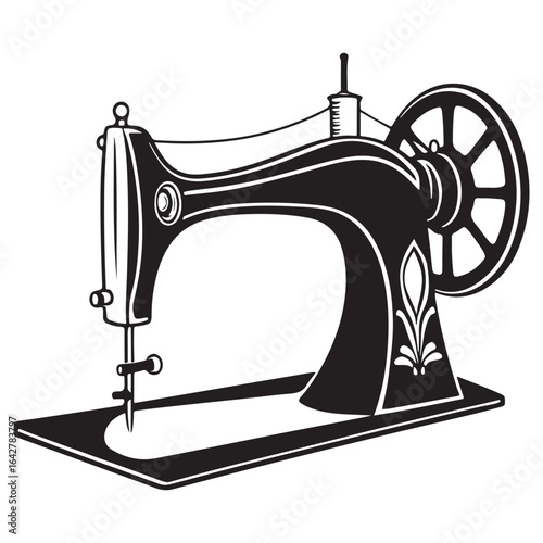 Vintage sewing machine silhouette with decorative details and flywheel on a flat base representing classic craftsmanship and tailoring
