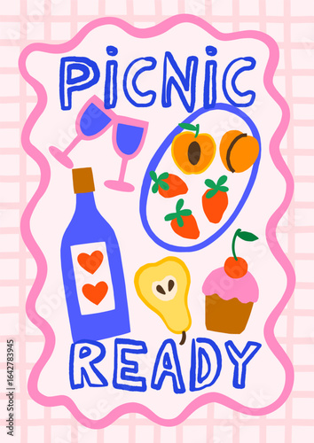 Summer picnic vector illustration. Bold bright breakfast food poster design with wine, fruits plate, sweets