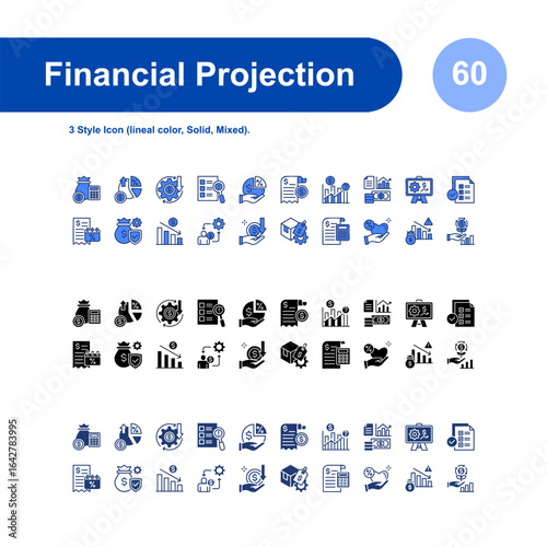 Financial Projection icon set. with 3 Style Icon (lineal color, Solid, Mixed).