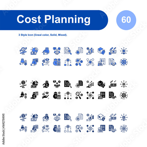 Cost Planning icon set. with 3 Style Icon (lineal color, Solid, Mixed).