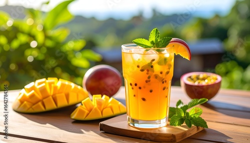 Iced fruit tea with mango, passion fruit and mint in a glass cup on the table. Detailed high quality image. 