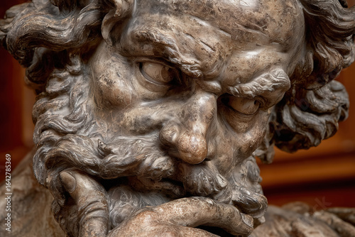 Intricate stone sculpture of mature man with intense expression and detailed beard
