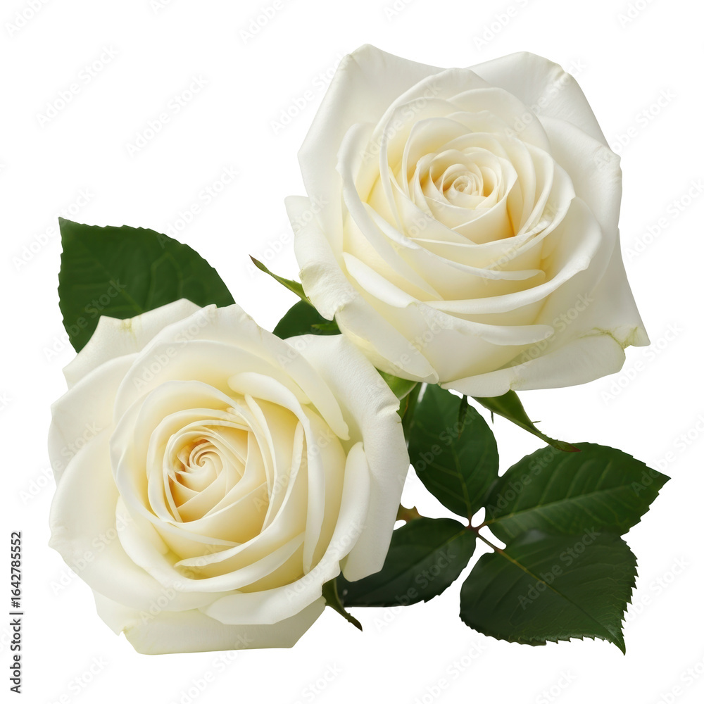 Fototapeta premium A delicate pair of fresh white roses with vibrant green leaves, perfect for expressing love, purity, sympathy, or celebrating special moments.