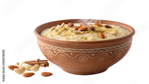  Delicious kheer rice pudding in a clay bowl topped with nuts PNG on transparent background, perfect for menus, packaging, and festive Indian dessert designs.