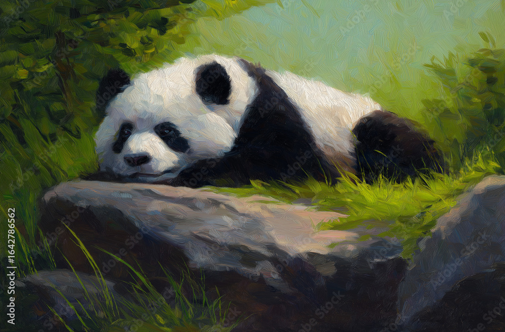 Obraz premium A very cute black and white panda is lying on the rock, with its head resting against its belly