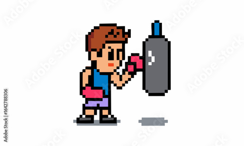 Cute boy punching sand sack cartoon pixel illustration