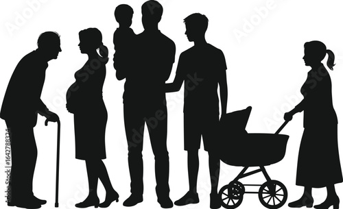 Silhouettes of life stages, aging concept, family growth, human development, pregnancy, childhood, adulthood, elderly care, generational transition, vector art.