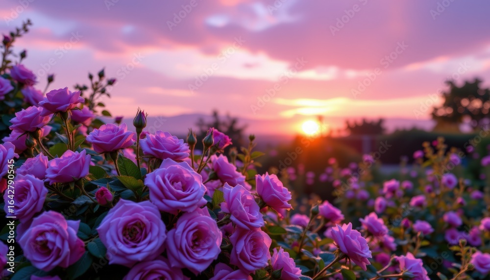 Fototapeta premium Dawn Garden Dewkissed Lavender Roses and Serene Sky