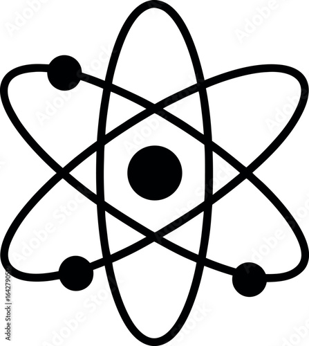 Atom model with electrons orbiting nucleus silhouette vector