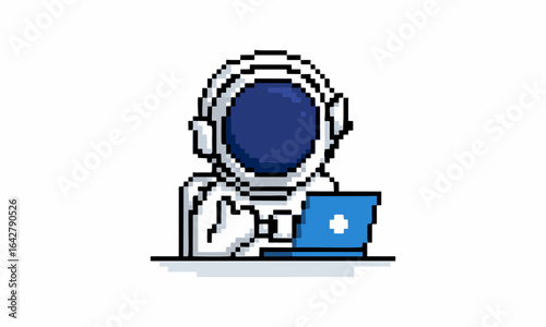 Cute astronaut working on laptop cartoon pixel illustration