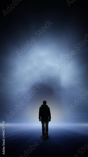 Artistic smoke night landscape with man silhouette loop vertical background.