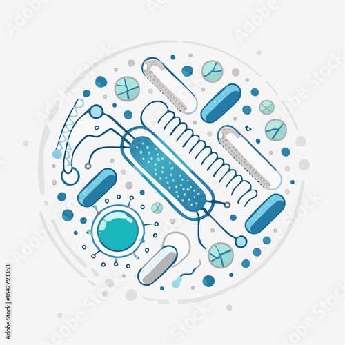 An abstract minimalist vector of bacteria chains with capsule forms in a clean, artistic style.