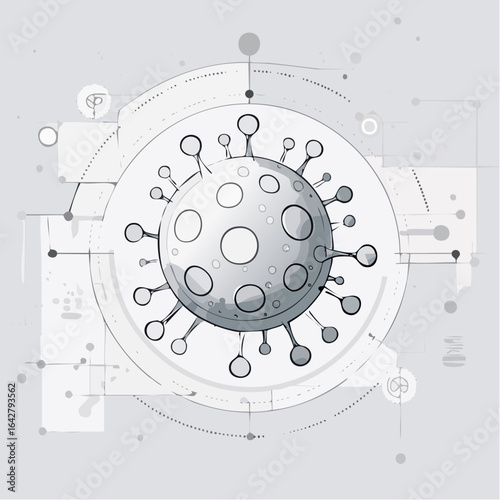 A minimal vector of an imagined virus mutation, using asymmetric geometric and organic forms.