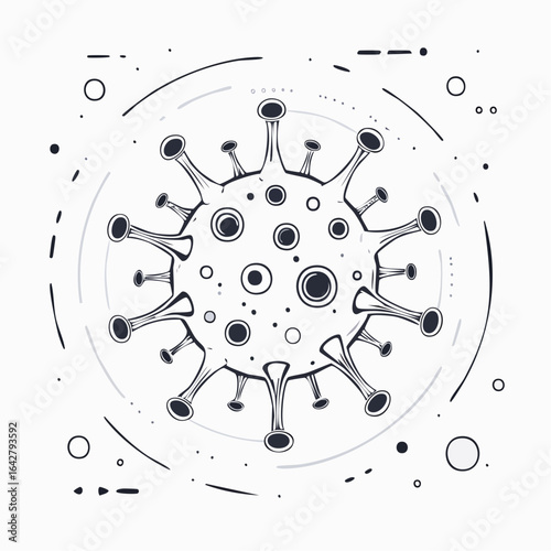 A minimal vector of an imagined virus mutation, using asymmetric geometric and organic forms.
