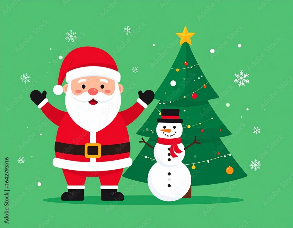 Fototapeta premium Santa claus character and snowman, pine tree, banner design on green background