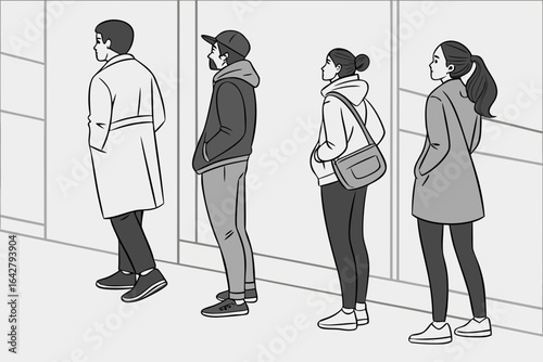 Street Scene: Four individuals stand, each lost in their thoughts. A minimalist grayscale illustration captures their reflective moment. 