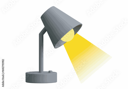 A gray desk lamp with a conical shade emits a bright yellow light beam, isolated on a white background.