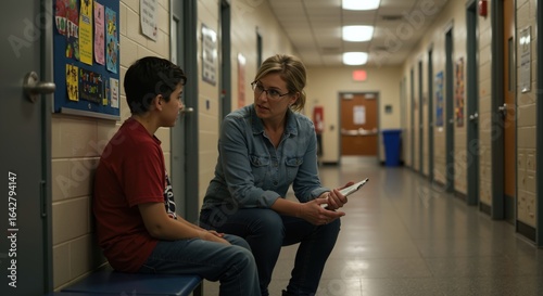 School counselor talking with boy on hallway bench, supportive conversation, education and mental health theme, warm light, documentary feel, room for message