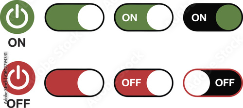 On Off Toggle Switch Buttons Vector Set – Green and Red Switcher Icons for Web and Mobile UI.

