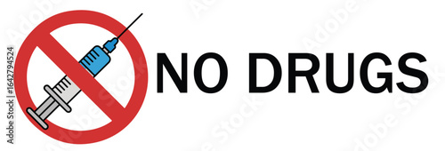No drugs sign, forbidden, prohibited, controlled substance, warning, restriction, addiction, abuse, illegal, health policy, public space, isolated vector graphic, flat icon