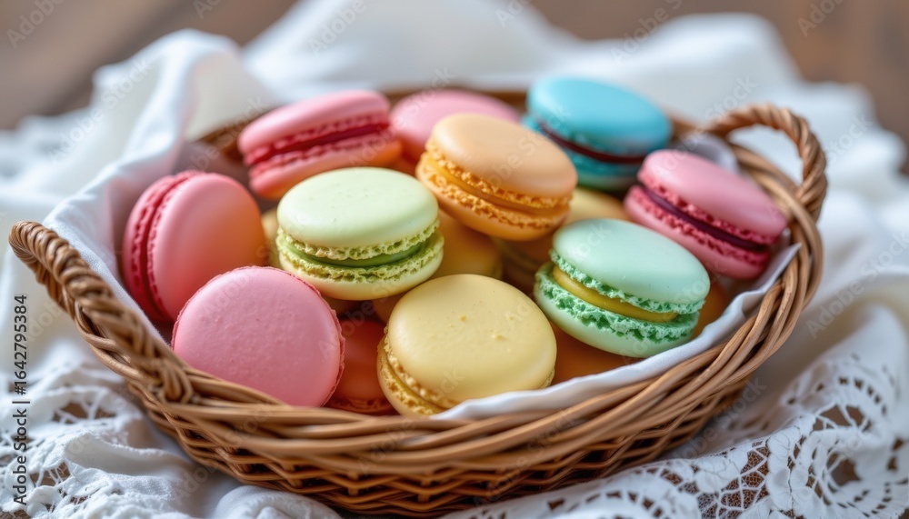 Obraz premium Elegant Assortment Colorful Macarons Lace Cloth