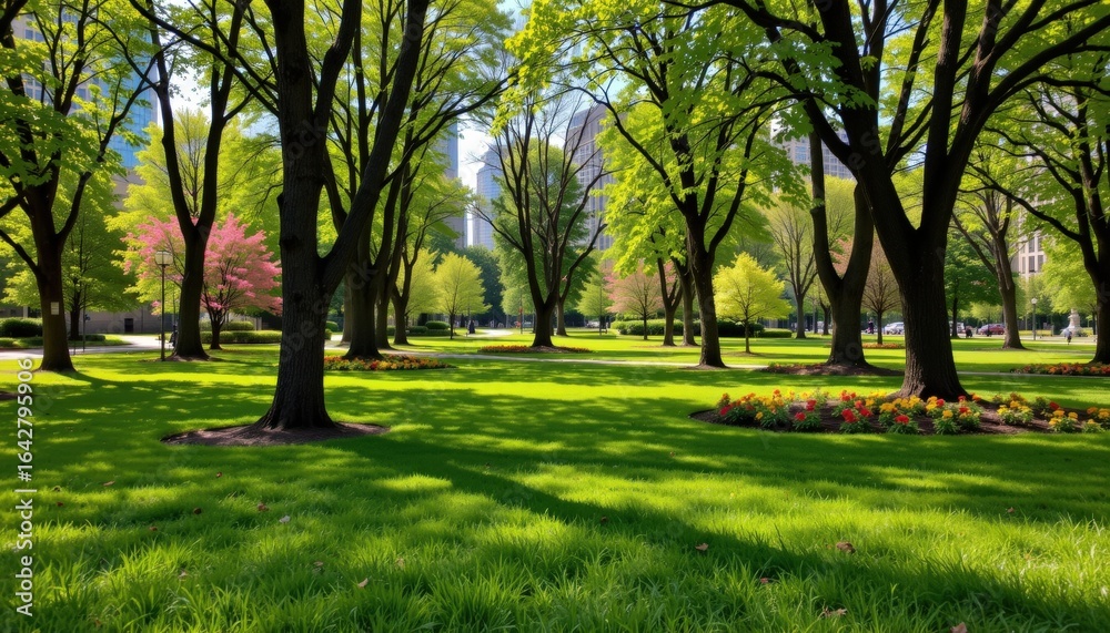 Tranquil Urban Park with Lush Greenery and Pathways Tranquil Urban Park with Lush Greenery and Pathways