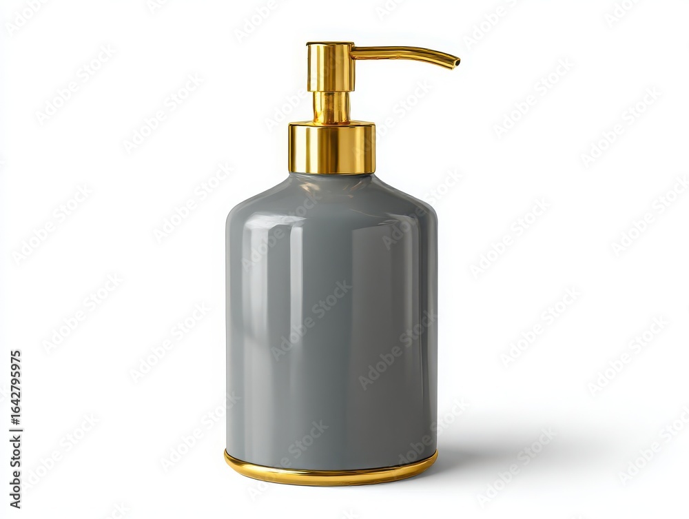 Fototapeta premium Grey ceramic soap dispenser with gold accents isolated on white background