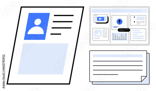 User profile card, detailed analytics dashboard, and layered text documents emphasize identity, data analysis, and organization. Ideal for personal branding, data use, workflow, management