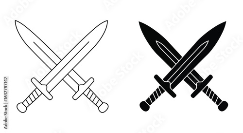 Crossed Swords Illustration Black Silhouette and Outline Versions for Design Elements