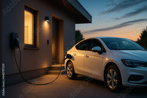 Electric car charging at home wallbox in driveway at dusk