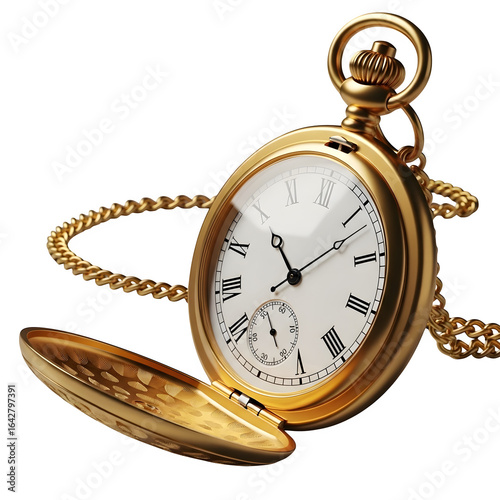 Antique gold pocket watch with open lid and chain vintage time