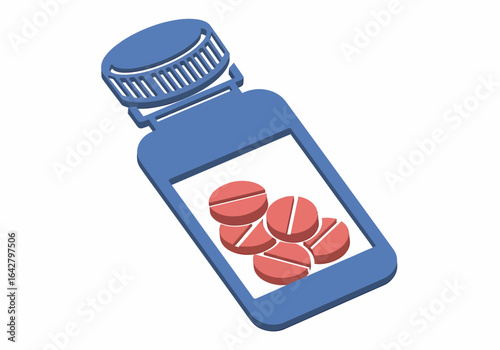 Blue pill bottle with a loose cap containing red round pills, isolated on white.