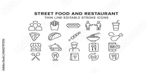 Print  Street food and restaurant icon set. Thin line editable stroke icons for fast food, global cuisine, delivery apps, takeaway, menus and culinary branding 