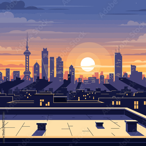 Sunset cityscape view from a rooftop, showcasing a modern city skyline with buildings and a vibrant sky.