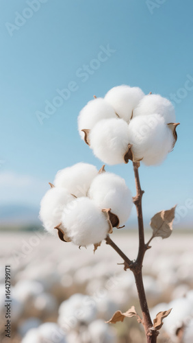 两朵饱满蓬松的棉花在棉花田中