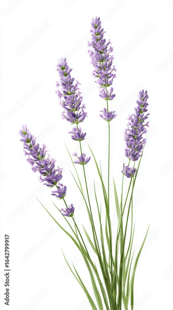 Obraz premium Elegant Lavender Flower Stems on White Background CloseUp Botanical Beauty, Purple Blossoms and Green Leaves