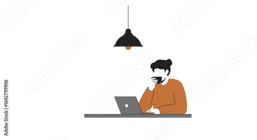 Minimalist Illustration of a Man Working on Laptop While Sipping Coffee, Ideal for Remote Work, Freelancing, and Digital Nomad Lifestyle Concepts