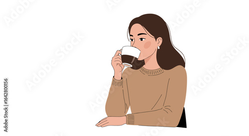Serene Woman Enjoying a Cup of Coffee, Ideal for illustrating relaxation, morning routines, or coffee culture in lifestyle blogs or advertising campaigns.