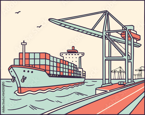 Container Ship in Ocean with Cranes – Global Shipping Logistics Vector
