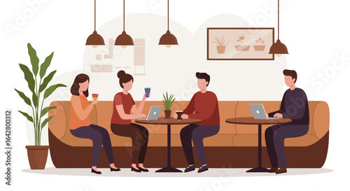 Cozy Coffee Shop Scene Featuring People Working and Socializing, Ideal for Illustrating Remote Work, Cafeteria Culture, and Modern Lifestyle Concepts