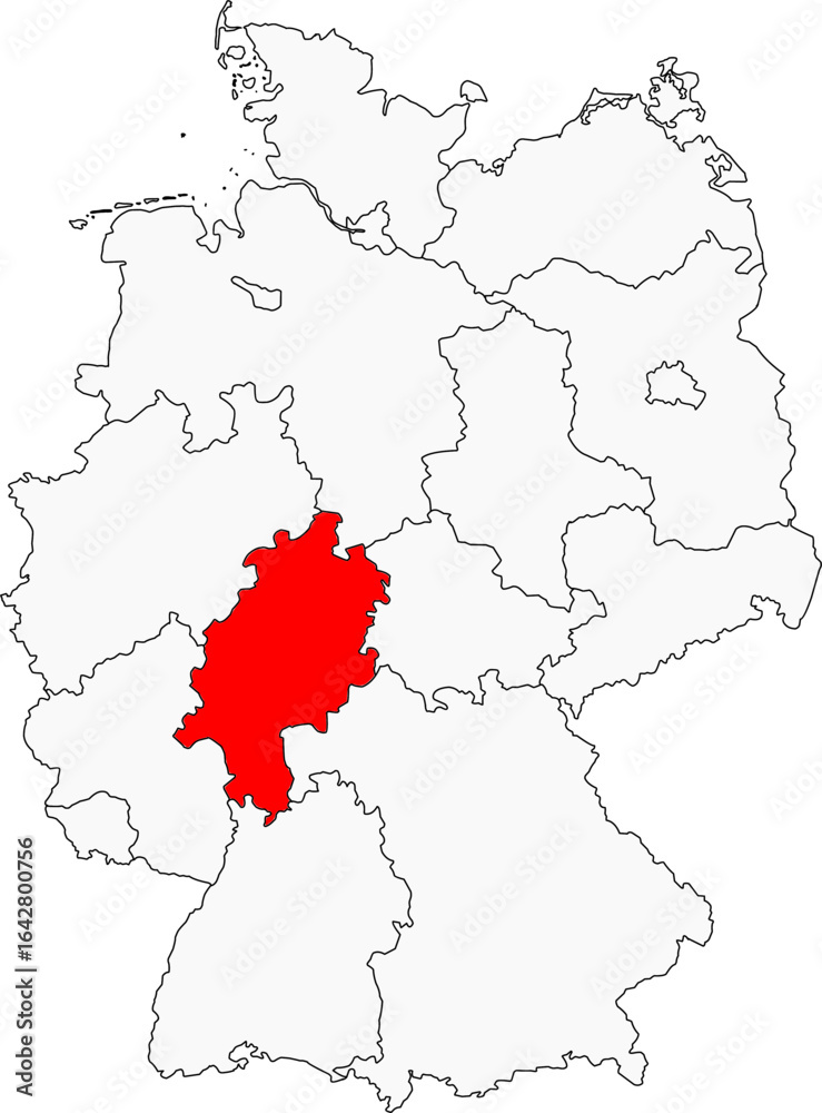 Fototapeta premium Map of Germany highlighting the state of Hesse (hessen). Ideal for projects on its financial hub (Frankfurt), forest landscapes, and central European location