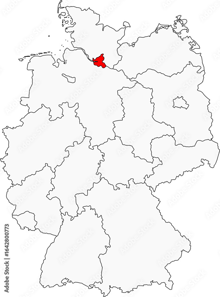 Fototapeta Map of Germany highlighting the city-state of Hamburg. Ideal for designs on German port cities, commerce, and the Elbe River region