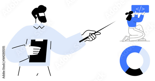 Person holding a clipboard and pointer, another writing code on a screen, and a pie chart. Ideal for teamwork, collaboration, coding, education, analytics, leadership simple landing page