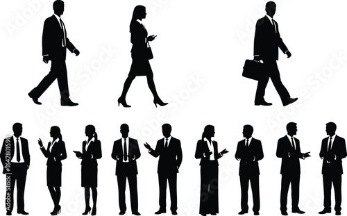 Business professionals silhouettes, walking and discussing, corporate attire, teamwork, office environment, business communication, professional interaction, business meeting, vector illustration