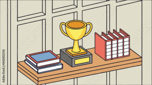 Golden trophy on shelf with books and binders award