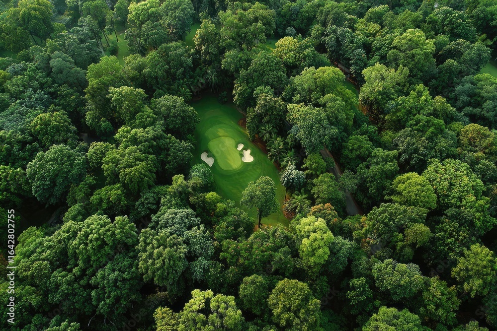 Naklejka premium Lush golf course nestled in dense forest