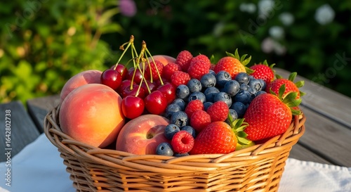 Assortment of fresh berries and peaches in a wicker basket (AI Generated)