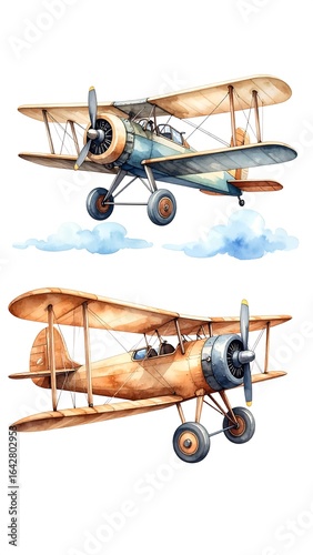Vintage watercolor biplanes in flight